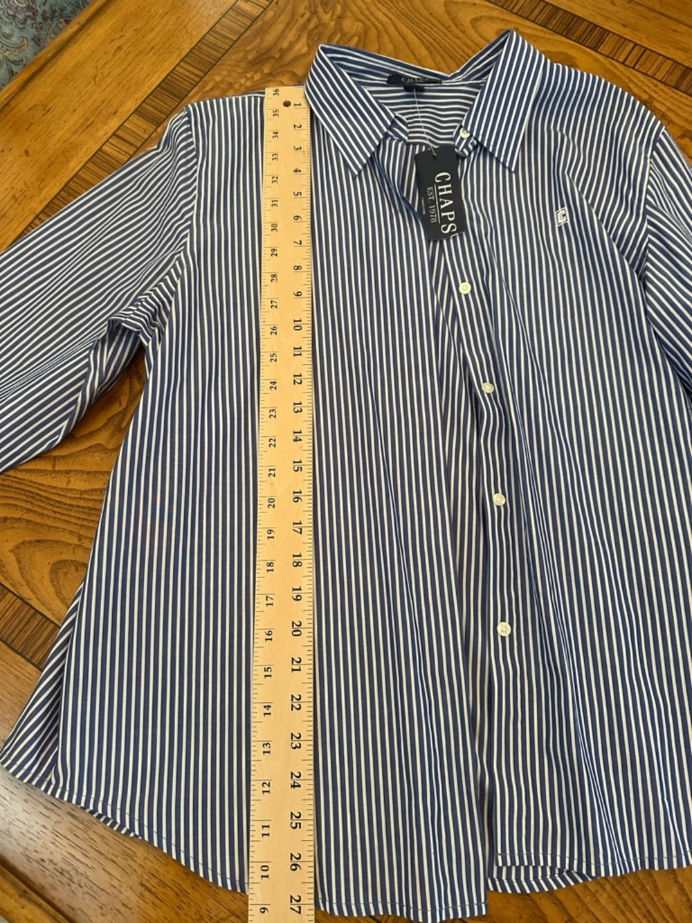 NWT Ladies Cotton Chaps Navy and White Vertical Stripe Dress Shirt. Size XL - Picture 9 of 9